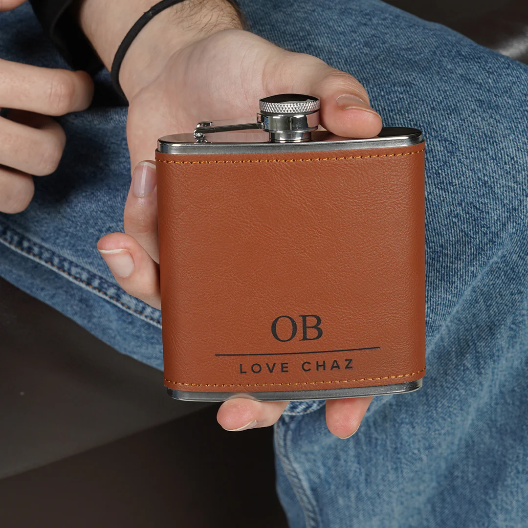 Engravd Brown Leatherette Hip Flask - Personalised Initials and Title - Image 10