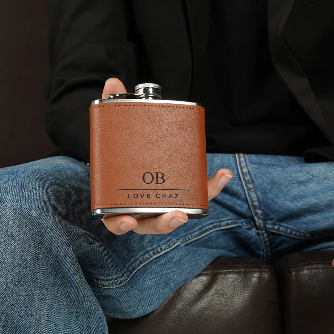 Engravd Brown Leatherette Hip Flask - Personalised Initials and Title - Image 11
