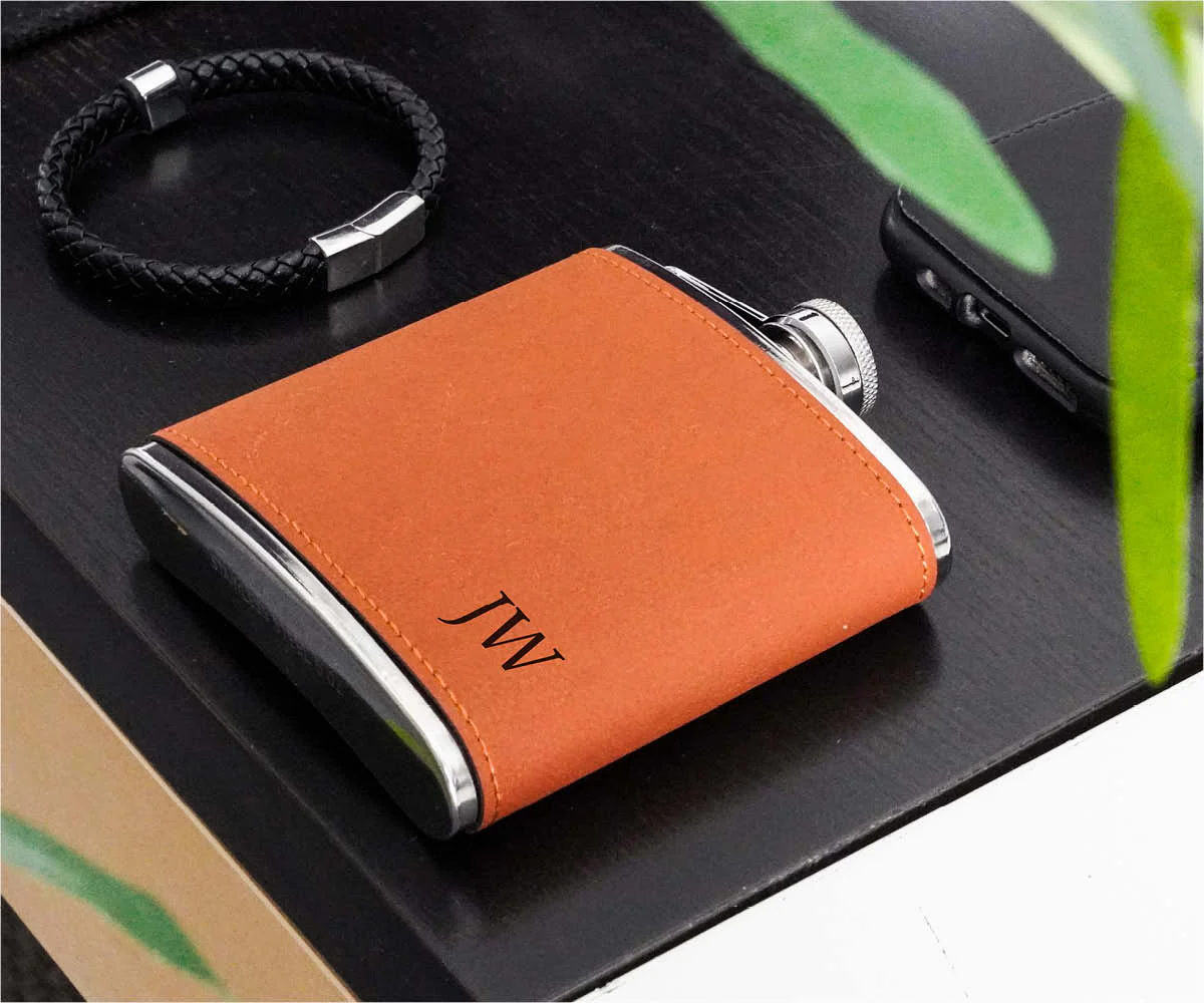 Engravd Brown Leatherette Hip Flask - Personalised Initials and Title - Image 3
