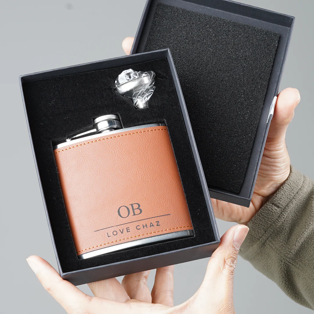 Engravd Brown Leatherette Hip Flask - Personalised Initials and Title - Image 8