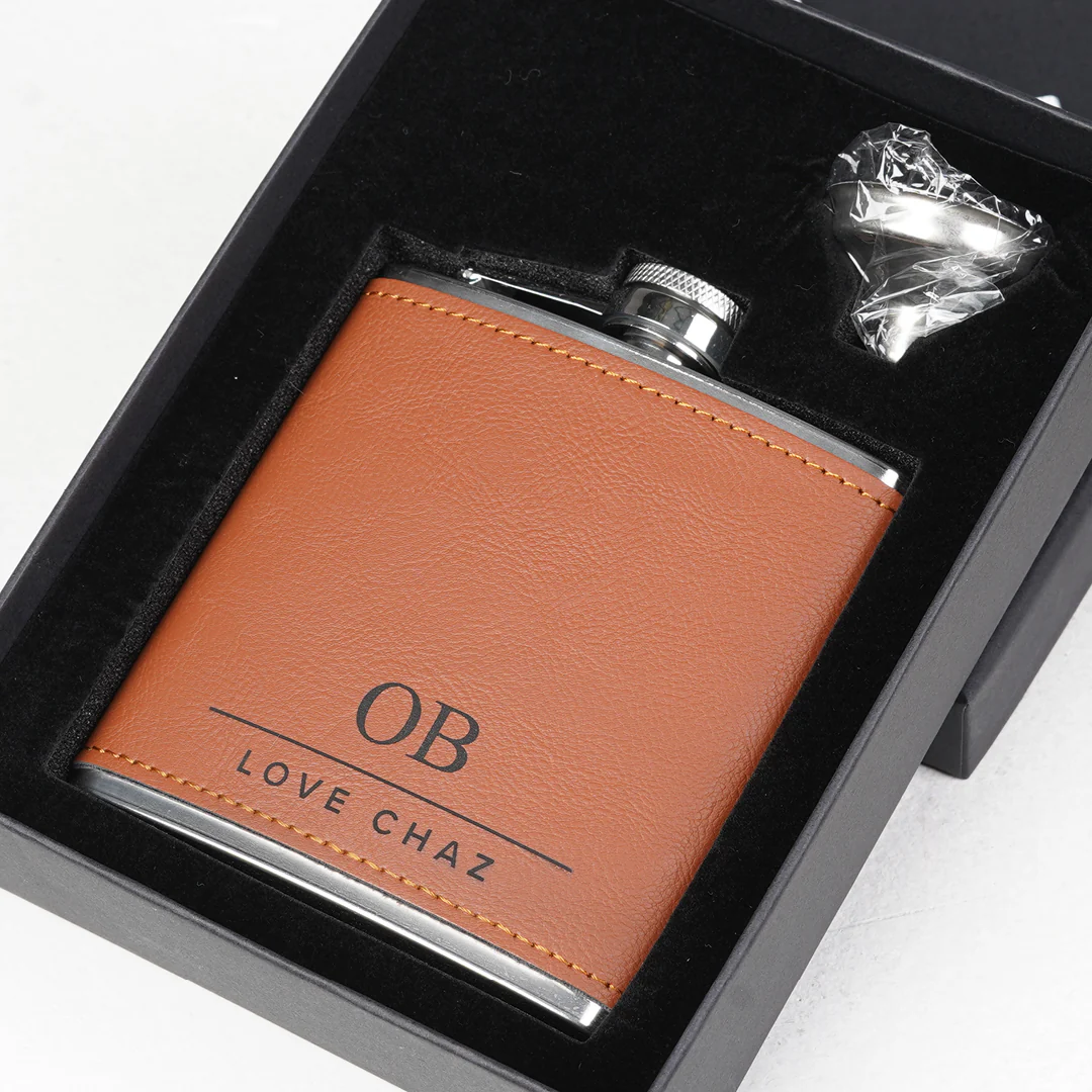 Engravd Brown Leatherette Hip Flask - Personalised Initials and Title - Image 9